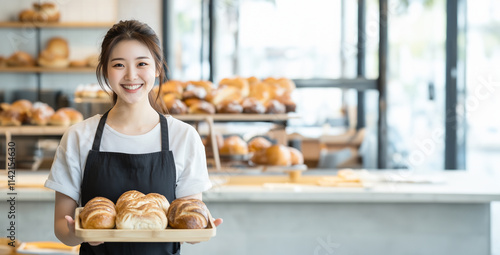 asian woman at bakery shop holding tray of bread pastry concept