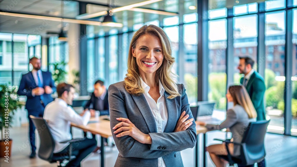 Successful, happy businesswoman smiling confidently in a modern office environment, representing teamwork, collaboration, and career success.
Successful, happy businesswoman smiling confidently in a modern office environment, representing teamwork, collaboration, and career success.