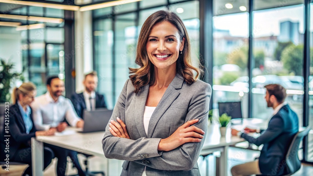 Successful, happy businesswoman smiling confidently in a modern office environment, representing teamwork, collaboration, and career success.
Successful, happy businesswoman smiling confidently in a modern office environment, representing teamwork, collaboration, and career success.