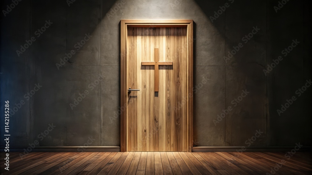 Naklejka premium Cross Shaping Door in Dark Room, dark ambiance , wooden door, dark ambiance