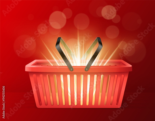 Glowing Shopping Basket on Red Background