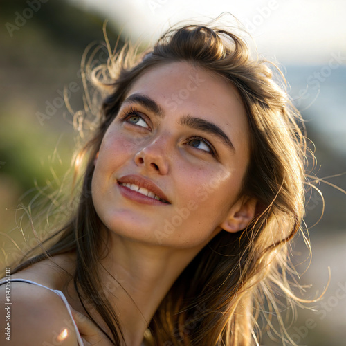 Young woman with radiant skin enjoying soft natural light outdoors during golden hour