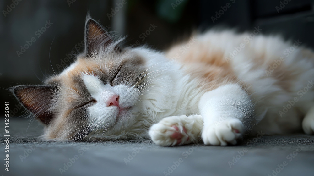 Fototapeta premium Fluffy cat sleeping peacefully on ground.