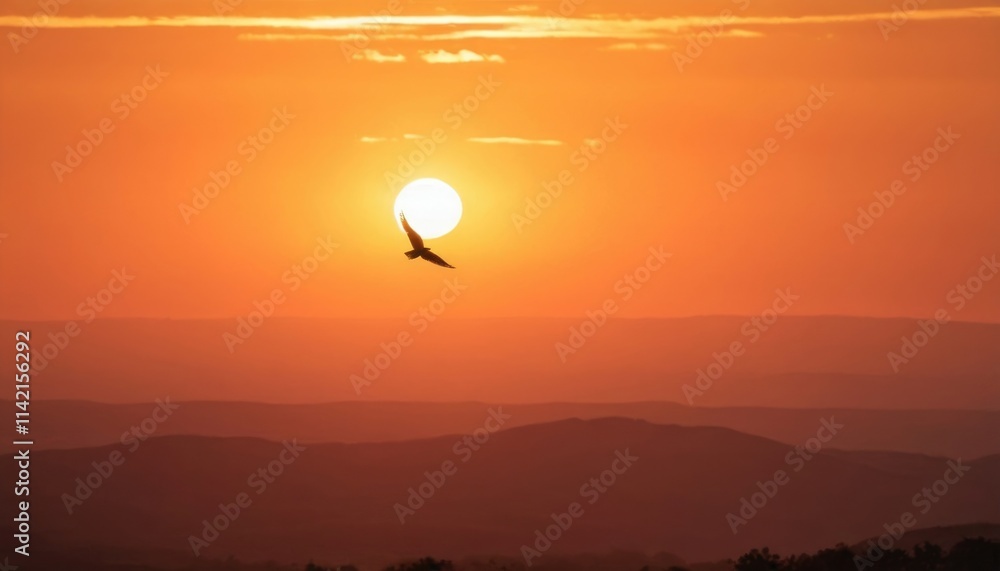 Single bird in mid-flight against a stunning sunset backdrop Single bird in mid-flight against a stunning sunset backdrop
