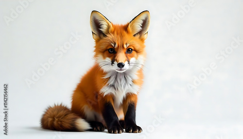 Wallpaper Mural A young red fox with large ears and a fluffy tail sitting on a white background, Adorable fox cub with big eyes and fluffy tail, red fox cub, created with generative ai Torontodigital.ca
