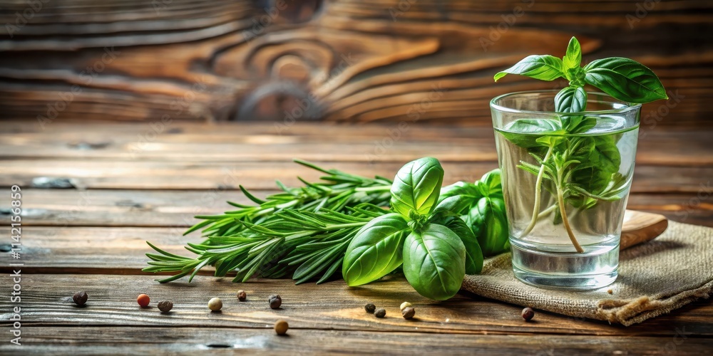 Fresh basil leaves scattered on a wooden table background with a glass of water and a few sprigs of rosemary in the corner Fresh basil leaves scattered on a wooden table background with a glass of water and a few sprigs of rosemary in the corner