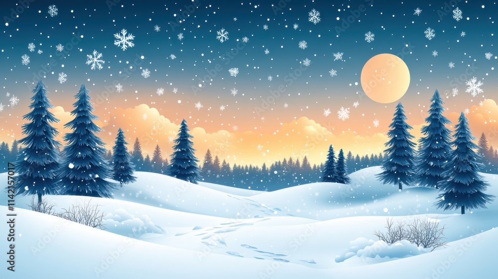 winter landscape with trees and snowflakes illustration