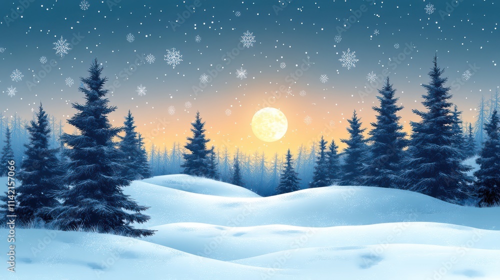 winter landscape with trees and snowflakes illustration winter landscape with trees and snowflakes illustration