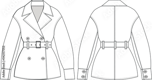 collared belted double breasted buttoned cuffed long sleeve jacket coat trenchcoat template technical drawing flat sketch cad mockup fashion woman design style model 
