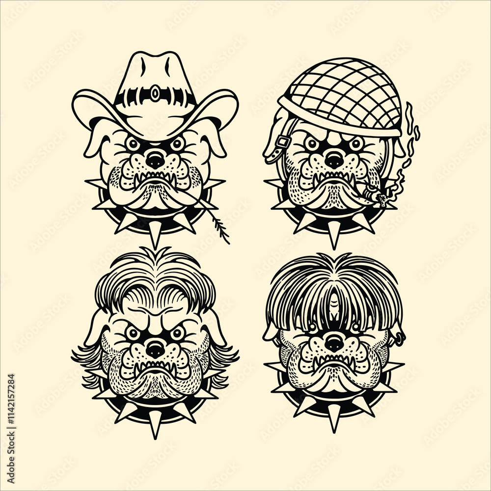 Fototapeta premium bulldog traditional tattoo set design