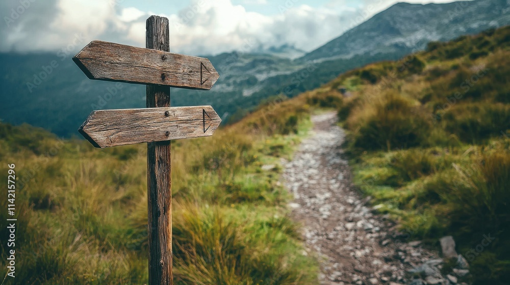 Rustic Wooden Signpost on a Trail Pointing Towards Beautiful Mountain Landscape in Nature Rustic Wooden Signpost on a Trail Pointing Towards Beautiful Mountain Landscape in Nature