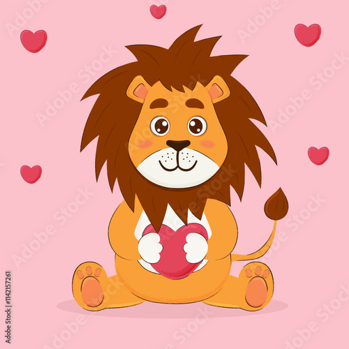 Cute lion holding a heart. Valentines day, birthday card concept with funny animal character.