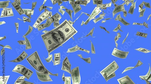 Money Rain, Close-Up Falling 100 Dollar Bills on a Blue Background. Seamless looping 3d Animation with a Depth of Field Pass. Ultra HD 4K 3840x2160