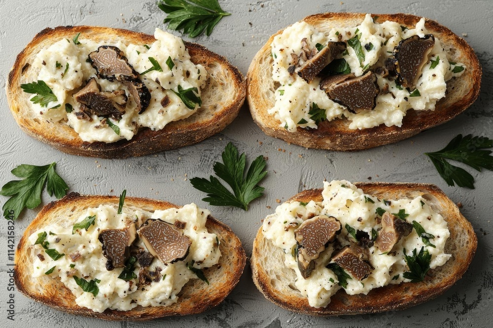 Delicious bruschettas with truffle sauce on grey table, flat lay. Space for text , isolated on white background, , copy space, copy space for text, Delicious bruschettas with truffle sauce on grey table, flat lay. Space for text , isolated on white background, , copy space, copy space for text,