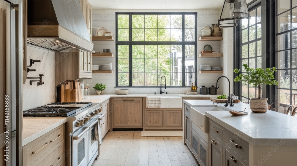 Fototapeta premium Modern Farmhouse Kitchen with Large Window and White Cabinets