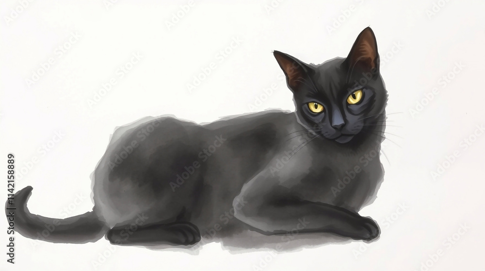 A delicate watercolor painting a jet-black cat rendered in translucent washes and fluid brushstrokes, pure black with deep shadows A delicate watercolor painting a jet-black cat rendered in translucent washes and fluid brushstrokes, pure black with deep shadows