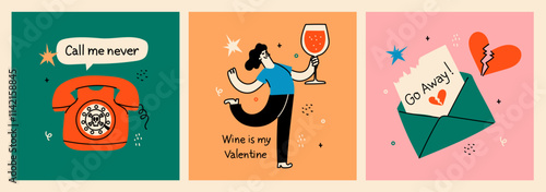 Set of broken heart stickers. Anti-valentine day. Heart, tears, parting, sadness, wine, cigarettes. Doodle style clipart. Colored Vector.