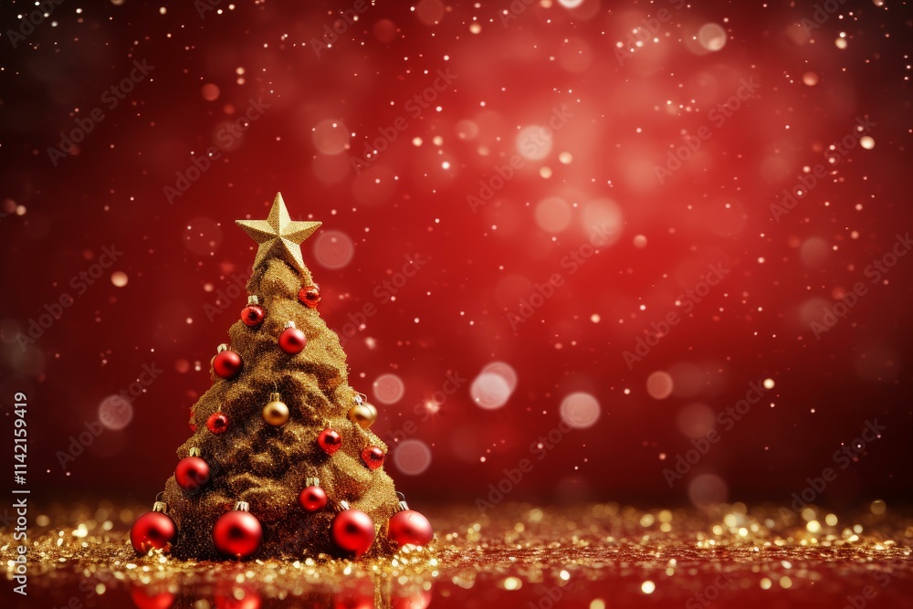 Glittering golden christmas tree with red and gold ornaments on a red background with falling snowflakes, creating a magical holiday atmosphere Glittering golden christmas tree with red and gold ornaments on a red background with falling snowflakes, creating a magical holiday atmosphere