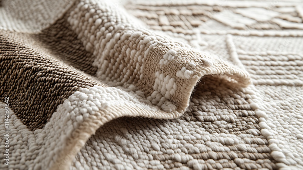 Close-up of textured beige and brown woven rug. Close-up of textured beige and brown woven rug.