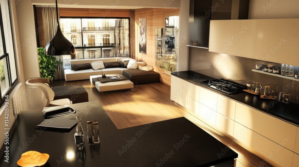 Fototapeta premium Modern Kitchen and Living Room Interior Design