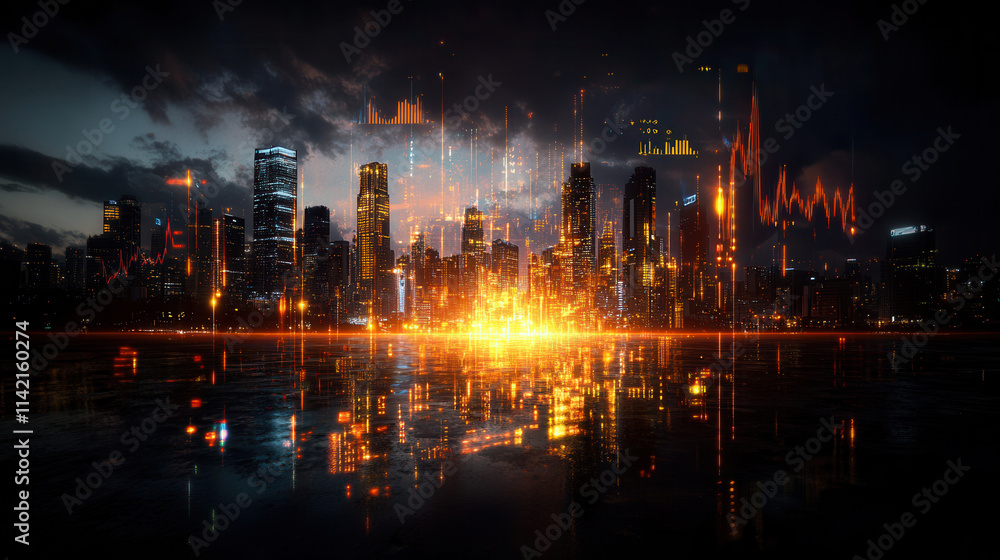 futuristic cityscape with glowing golden skyscrapers and digital data overlays reflecting on wet surface at night futuristic cityscape with glowing golden skyscrapers and digital data overlays reflecting on wet surface at night
