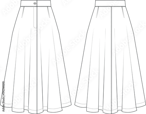 tailored darted buttoned mid rise waist flared a line short midi skirt template technical drawing flat sketch cad mockup fashion woman design style model 
