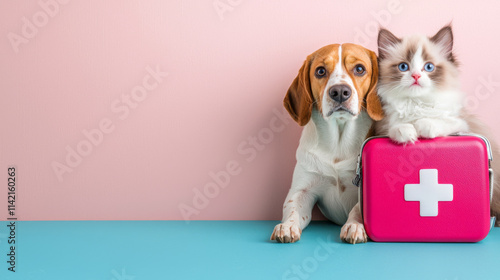 beagle and ragdoll kitten sit beside pink pet first aid kit, showcasing caring bond. This adorable scene highlights importance of pet health and safety