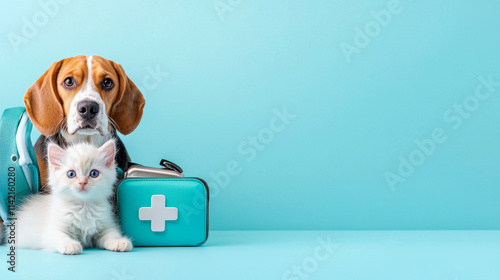 beagle dog and ragdoll kitten sit beside teal pet first aid kit, showcasing caring bond. This evokes feelings of companionship and pet care