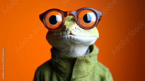Gecko wearing glasses and shirt.