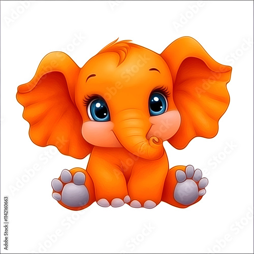 A cute cartoon illustration of a cheerful orange elephant with big blue eyes and an adorable expression.