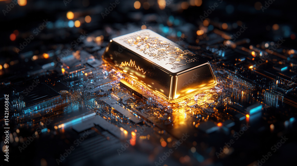 glowing gold bar rests on digital circuit board, symbolizing wealth and technology integration glowing gold bar rests on digital circuit board, symbolizing wealth and technology integration