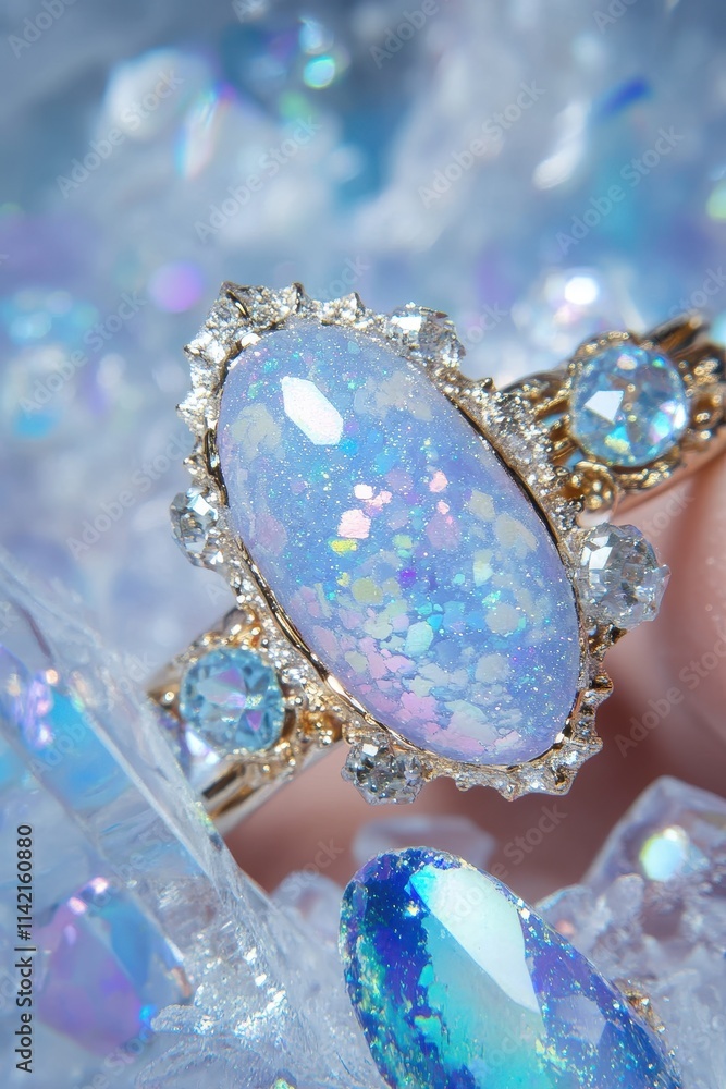 Artistic nail art highlighting ice-inspired designs with textured lumps of ice and glitter, paired with a statement ring featuring a frosted ice theme for an elegant finish Artistic nail art highlighting ice-inspired designs with textured lumps of ice and glitter, paired with a statement ring featuring a frosted ice theme for an elegant finish