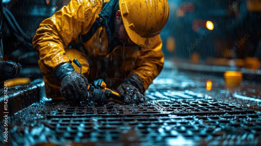 Worker in yellow raincoat repairs metal grating in rain. Worker in yellow raincoat repairs metal grating in rain.