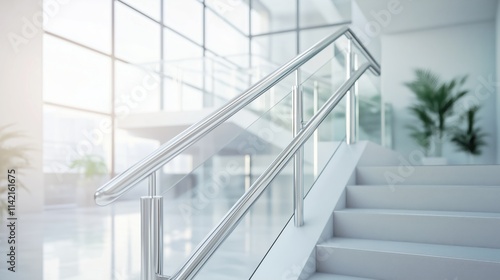 Handrail. Steel, stainless, banister, metal, design, staircase, railing, architecture, modern, home, beautiful, white, structure, luxury, concrete.