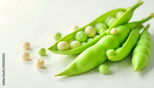  Green pea pods with white peas, on a light background,  Fresh Green Pea Pod, healthy and vibrant food ingredient, created with generative ai photo