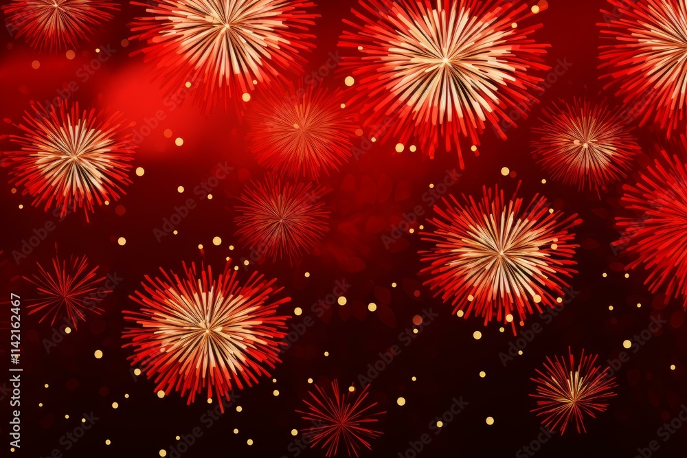 Naklejka premium Red and gold fireworks exploding against a dark red background creating a festive atmosphere