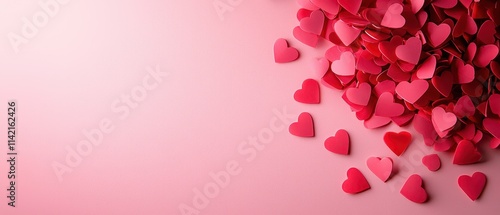 Clean and simple Valentine's Day background concept. Colorful heart shapes scattered on a pink background, evoking love and romance.