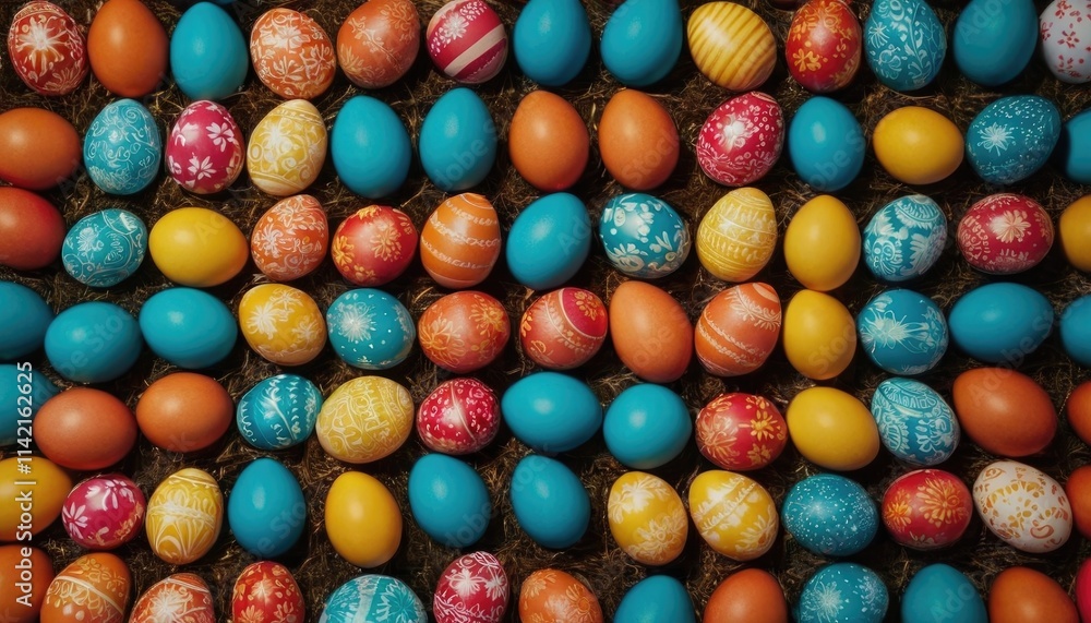 A whimsical display of Easter eggs arranged in a creative pattern, bright and playful A whimsical display of Easter eggs arranged in a creative pattern, bright and playful