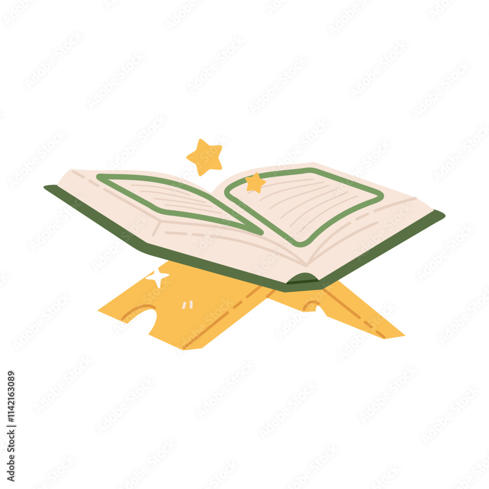 Illustration of open Quran with desk or holder. Muslim book, holy Koran with green cover and stars. Islamic literature and symbol. Ramadan decoration, flat design vector isolated on white background Illustration of open Quran with desk or holder. Muslim book, holy Koran with green cover and stars. Islamic literature and symbol. Ramadan decoration, flat design vector isolated on white background