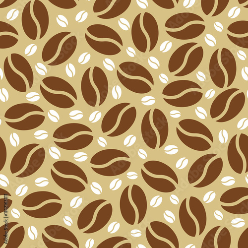 Seamless pattern on the theme of coffee and food in graphic style with coffee beans on a light beige background, can be used for packaging, holiday cards, websites, textiles