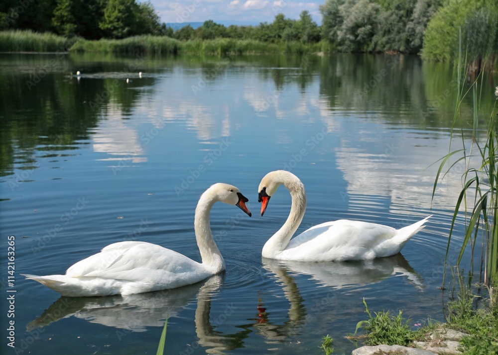 Two white swans swimming Two white swans swimming