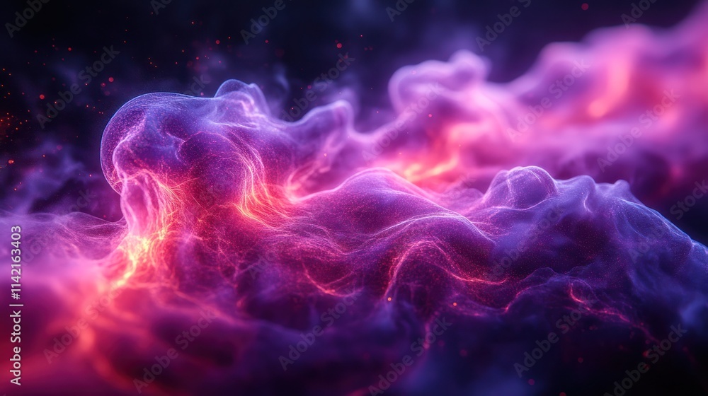 Fototapeta premium Abstract swirling nebula with vibrant pink and purple hues, glowing embers and dark background.