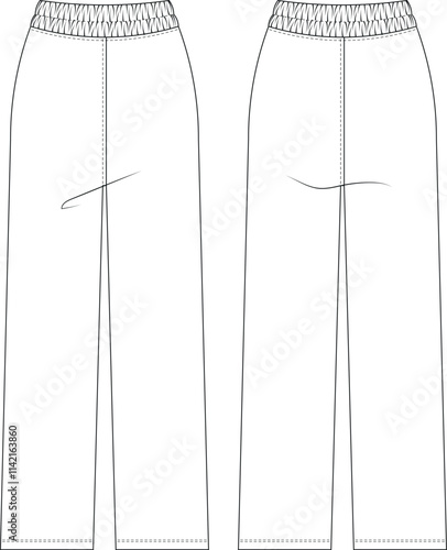 mid high rise waist elastic banded straight leg pant trouser sweatpant template technical drawing flat sketch cad mockup fashion woman design style model 
