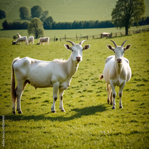 Nutztiere - Weidelandschaft mit lebhafter Ziegenfamilie photo