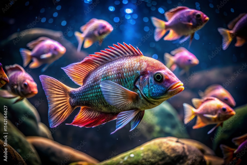 Fototapeta premium Tilapia Silhouette Aquarium Photography: Dark Artistic Fish Tank Images