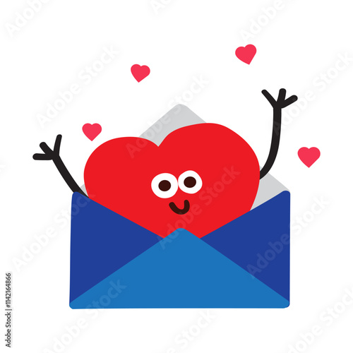 A cute heart is waving from the envelope. Valentine's card. Flat hand drawn design. Illustration on white background.