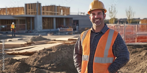 Male general contractor standing proudly at a construction site, overseeing work, smiling, portrait shot
