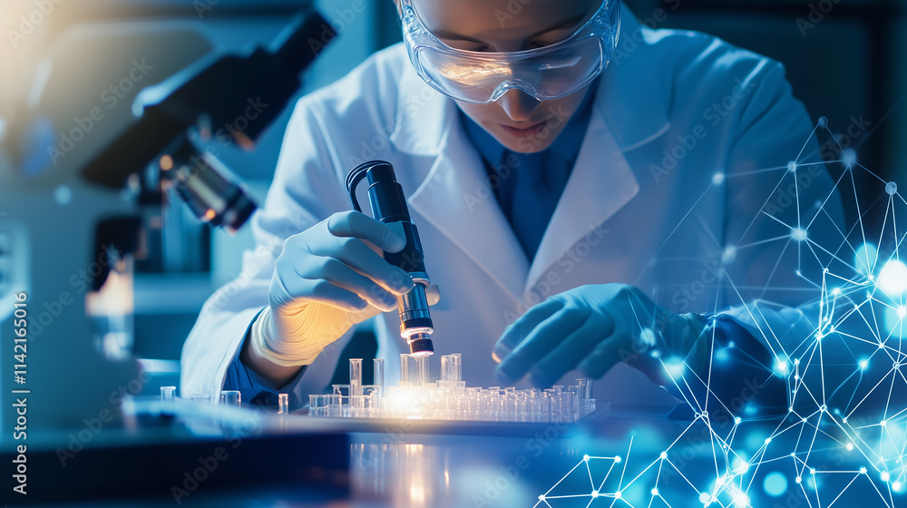 Scientist conducts experiments using a microscope in a laboratory setting during evening hours Scientist conducts experiments using a microscope in a laboratory setting during evening hours