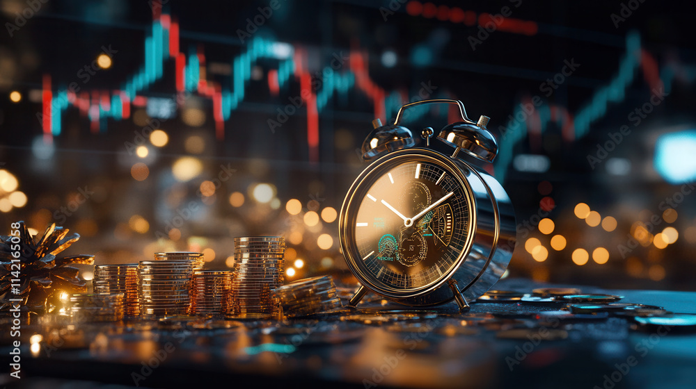 golden clock surrounded by coins and stock market trends, symbolizing time and financial growth golden clock surrounded by coins and stock market trends, symbolizing time and financial growth