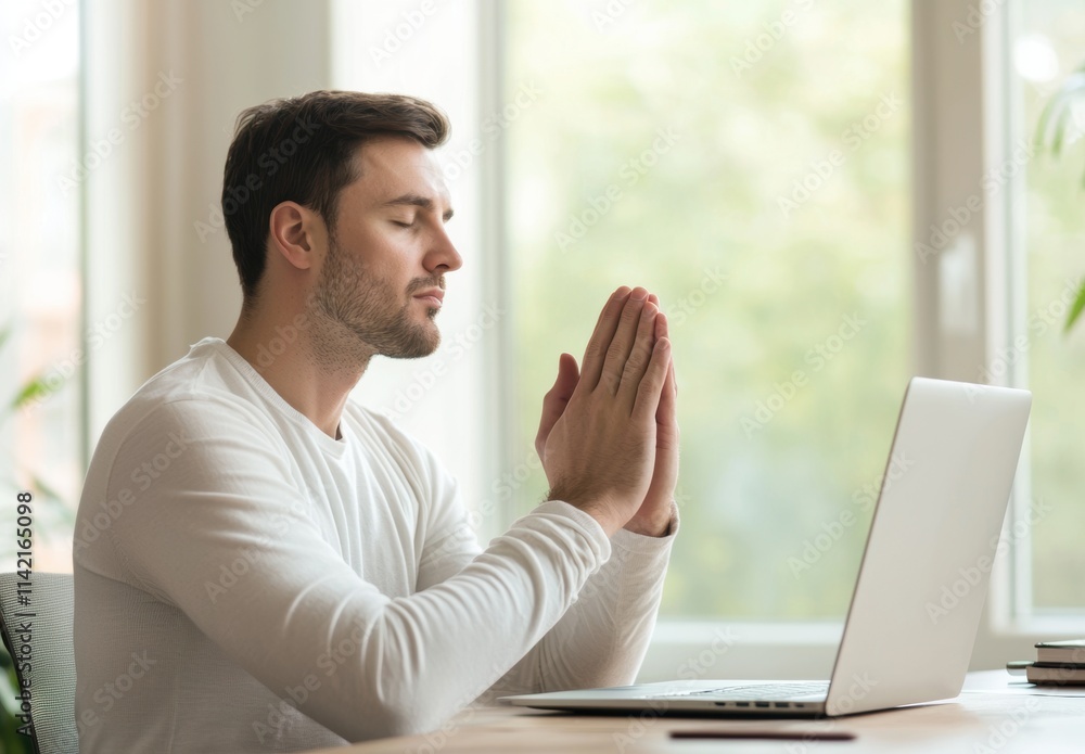 Young Man Meditating in Front of Laptop Amid Soft Natural Light Young Man Meditating in Front of Laptop Amid Soft Natural Light